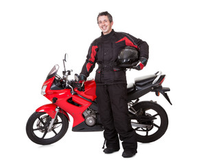 Fototapeta na wymiar Człowiek w odzieży ochronnej z jego motocyklu