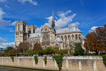 Cathedral of Notre Dame de Paris sunny autumn afternoon