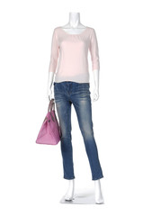 female mannequin in jeans casual peignoir clothes with bag