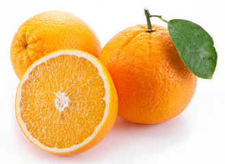 Orange with leaf on a white background.
