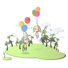 Kids with balloons in beautiful landscape. Vector design. 