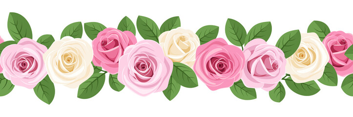 Vector horizontal seamless background with pink and white roses.