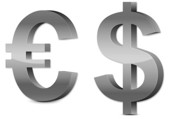 3D silver glossy Euro & US Dollar icon, symbol isolated on white