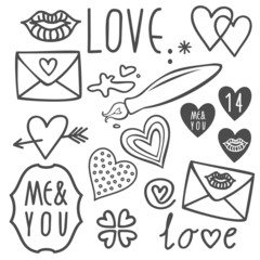 usta serce list miłosny romantyczne elementy rysunkowe - obrazy, fototapety, plakaty