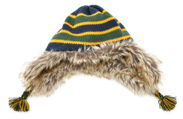 Striped wool beanie hat isolated on white background