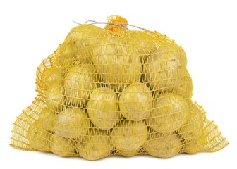A plastic mesh net bag of potatoes on white background