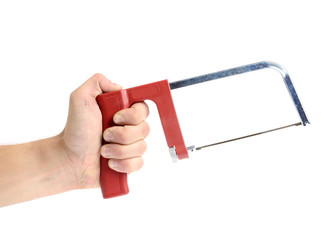 fretsaw in hand isolated on white