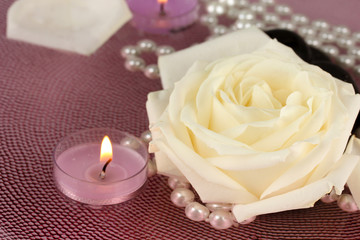 Fototapeta na wymiar kamienie spa z kwiatów i świec w wodzie na talerzu