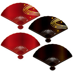 和風　扇漆器セット　（黒・朱・金箔模様あり）