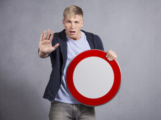 Alert man showing universal forbidden indicator.