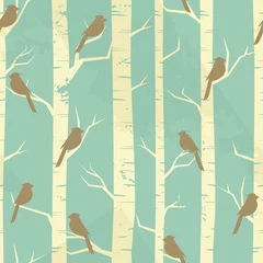 Fotobehang Vogels in het bos Vintage berkenpatroon