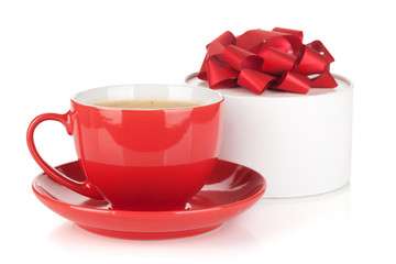 Red coffee cup and gift box with bow