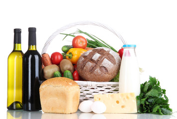 Composition with vegetables and fruits in wicker basket