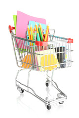trolley with school equipment isolated on white