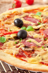 pizza with salami, tomatoes and mushrooms