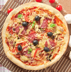 pizza with salami, tomatoes and mushrooms 