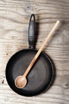 Old frying pan and spoon