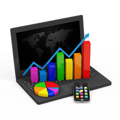 Laptop with Business Graph, Pie Chart and Smartphone