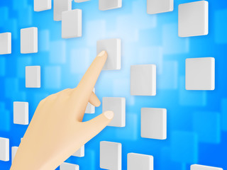 Hand Touching Cloud of Blank Screen Interface on blue background