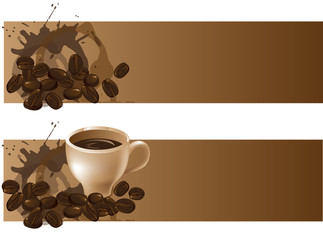 two backgrounds with coffee beans and a coffee cup