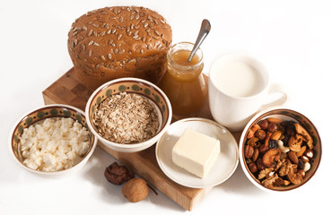 healthy  meal with bread,milk and cereals
