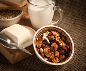healthy  meal with bread,milk and cereals