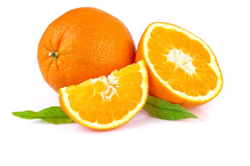 fresh orange with leaves isolated on white