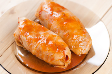 Stuffed cabbages with tomato sauce on a plate, studio shot