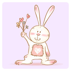 Cute love card with smiling toy bunny holding flowers