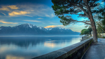 Lake Geneva Morning HDR - obrazy, fototapety, plakaty