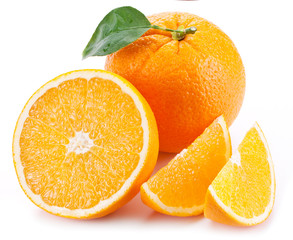 Orange with leaf on a white background.