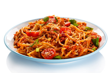 Pasta with meat, tomato sauce, parmesan and vegetables