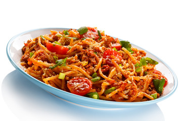 Pasta with meat, tomato sauce, parmesan and vegetables