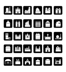 Vector silhouettes of city buildings in the form of buttons