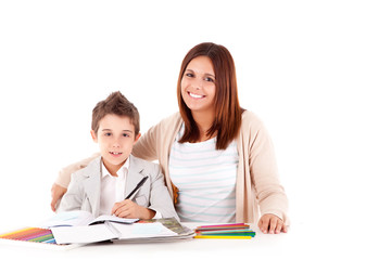 Happy woman, mother or teacher helping kid with schoolwork