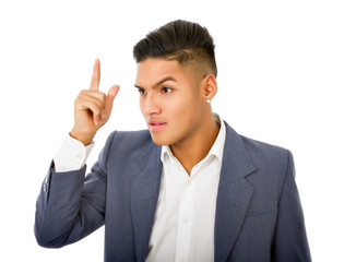 hispanic manager indicated with finger