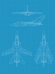 Obraz premium Detailed vector military airplane on blue print paper