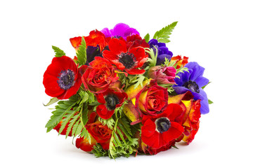 Bouquet Anemones and roses on white background