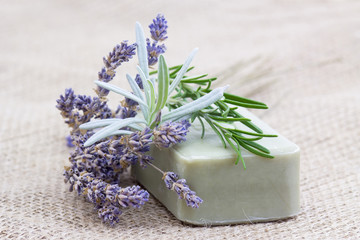 bar of natural soap with herbs