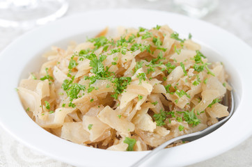 fried cabbage greens and egg closeup