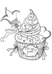 Vector hand drawing cupcake with crown and heart