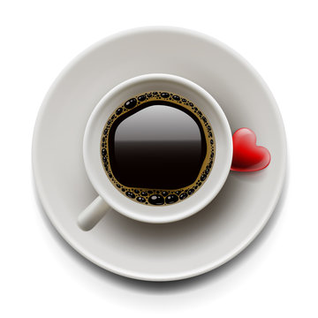Cup of coffee with heart on plate, vector Eps10 image