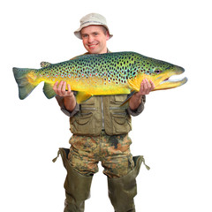 Naklejka premium The Fisherman with big fish (Brown Trout - Salmo Trutta).