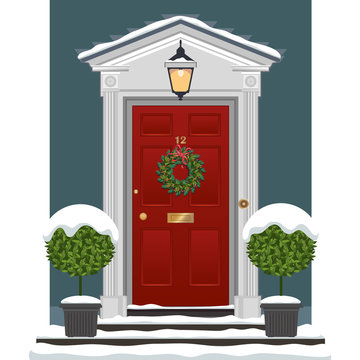 Door with Christmas Wreath and Snow