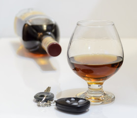 glass of alcohol and car keys