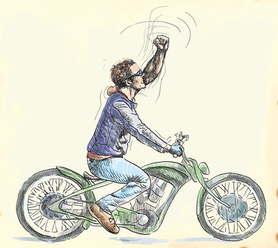winning gesture on a motorbike, a young man - hand drawing