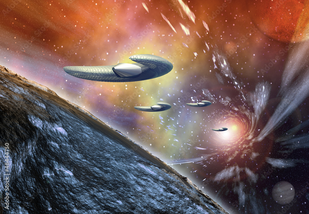 Wall mural alien planet and spaceships - computer artwork