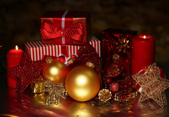 Christmas decoration and gift boxes on dark background