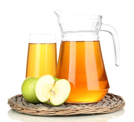 Full glass and jug of apple juice and apples isolted on white