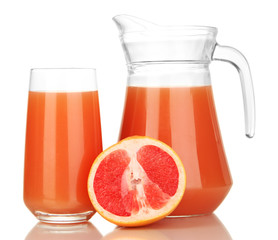Full glass and jug of grapefruit juice and grapefruits isolated